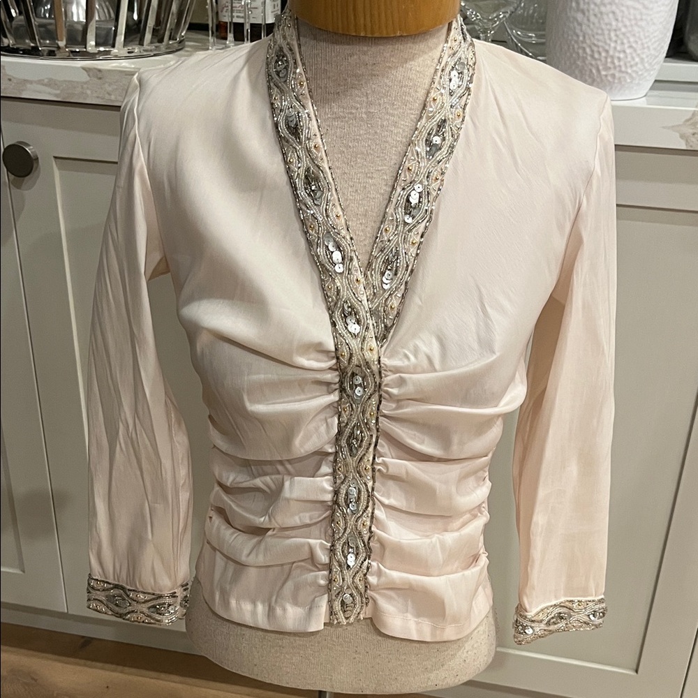 Tadashi Shoji Blush Pink stretch taffeta finish ruched blouse silvergold beading